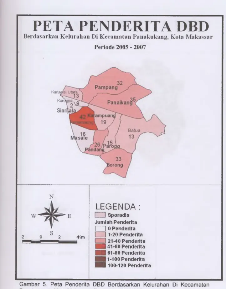 Gambar  5.  Peta  Penderita  DBD  Berdasarkan  Kelurahan  Di  Kecamatan Panakukang,  Kota Makassar Periode 2005-2007