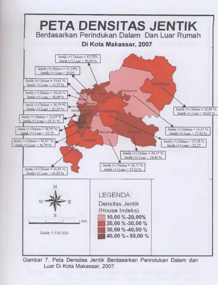 Gambar  7.  Peta  Densitas  Jentik  Berdasarkan  Perindukan  Daiam  dan  Luar Di  Kota  Makassar,  2007.
