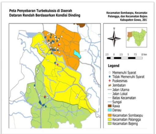 Gambar 5. Peta sebaran kejadian Tuberkulosis di daerah dataran rendah kabupaten gowa berdasarkan  kondisi Dinding  