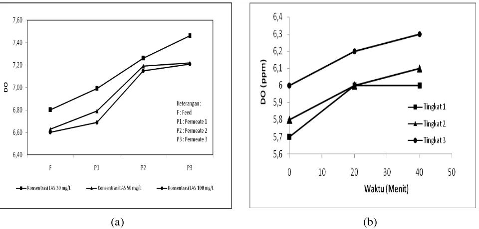 Gambar 7. Perubahan DO pada proses ozonasi-filtrasi senyawa LAS (a) dan amonia (b) 