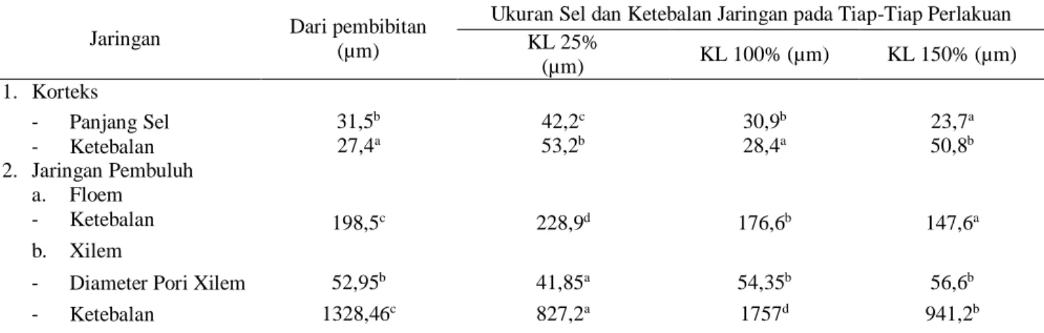Tabel 1. Ukuran sel dan Ketebalan jaringan pada Sayatan Melintang Akar Jabon Putih (A