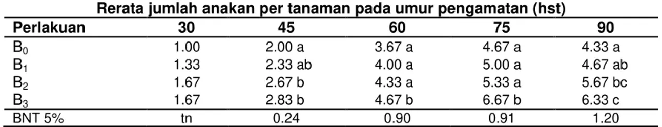 Tabel 3 Rerata jumlah anakan akibat perlakuan LRB pada umur pengamatan 15 hingga 90 hst 