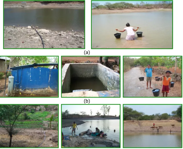 Gambar 4.  Distribusi  air  dari  embung  (a),  tempat  penampungan  air  dan  cara  pengangkutan (b), serta pemanfaatan air embung (c)