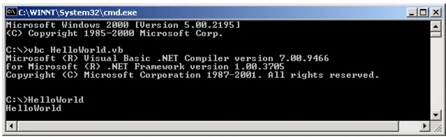 Figure shows compilation of the HelloWorld program for VB.NET 
