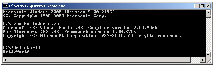 Figure shows compilation of the HelloWorld program for VB.NET 