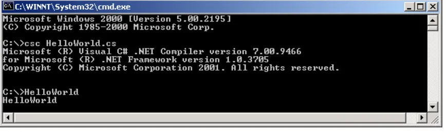 Figure shows compilation of the HelloWorld program using C# compiler 