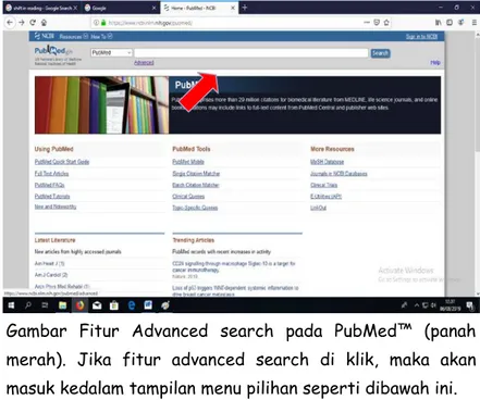 Gambar Fitur Advanced search pada PubMed™  (panah  merah).  Jika fitur advanced search di klik, maka akan  masuk kedalam tampilan menu pilihan seperti dibawah ini