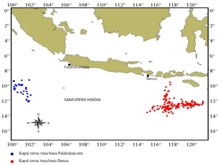 Gambar 1. Lokasi pengumpulan data selama observasi pada kapal rawai tuna. Figure 1. Location of collecting data during the observation by tuna longline.