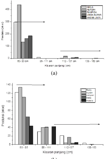 Gambar 1. Kisaran panjang madidihang (thunnus albacares) berdasarkan rumpon (a) September- September-Oktober 2018 (b) Maret – April 2019 di Kabupaten Luwu 