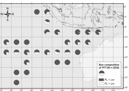 Gambar 3. Sebaran spasial panjang cagak ikan madidihang dibandingkan dengan panjang pertama kali matang gonad di Samudera Hindia bagian timur