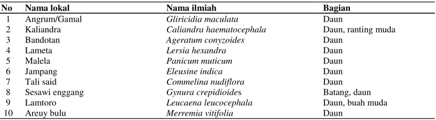 Tabel 13.  Beberapa spesies tumbuhan penting sebagai pakan ternak di Kampung Adat Dukuh 