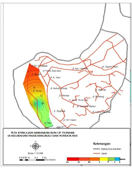 Gambar 4. Peta ketinggian  run-up/landaan tsunami di Kelurahan Pasar Bengkulu dan Pondok Besi 