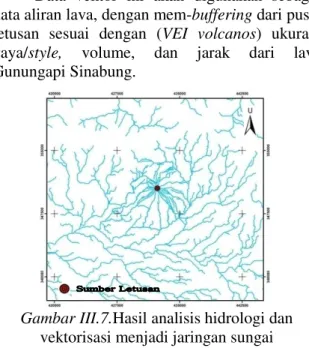 Gambar III.7. Hasil analisis hidrologi dan  vektorisasi menjadi jaringan sungai  6.   Pembuatan dan multi-buffering aliran lava 
