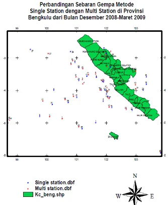Gambar 1. Perbandingan Sebaran gempa  untuk metode single-station dengan  multi-station di Provinsi Bengkulu dari bulan Desember 2008-Maret 2009