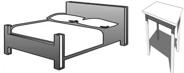 Gambar menunjukkan sebuah katil dan sebuah meja. 