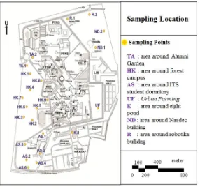 Figure 2. Nasdec Building; R, area around robotika builidng; TA, area around  alumni garden; UF, Arbuscular Mycorrhizal Fungi (AMF) found in 23 areas of ITS green spaces