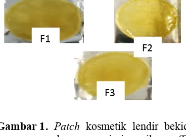 Gambar 1. Patch kosmetik lendir bekicotdengan variasi amilum, (F1)Formula dengan polimerkitosan dan amilum jagung,(F2) Formula dengan polimerkitosan dan amilum kentang,(F3) Formula dengan polimerkitosan dan amilum singkong
