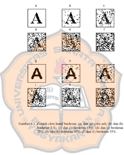 Gambar 4.1  Contoh citra huruf berderau; (a) dan (g) citra asli; (b) dan (h) 