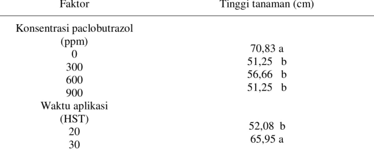 Tabel  1.  menunjukkan,  paclo- paclo-butrazol  yang  diberikan  menghambat  partumbuhan  tinggi  tanaman  tomat