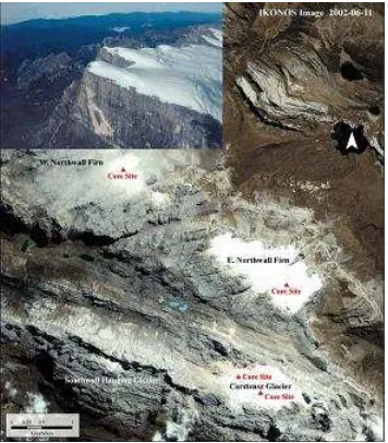 Gambar 1. Es di Puncak Jaya. Tanda merah adalah  lokasi pengambilan sample. (Foto dari Klein and Kaplan, 2006)