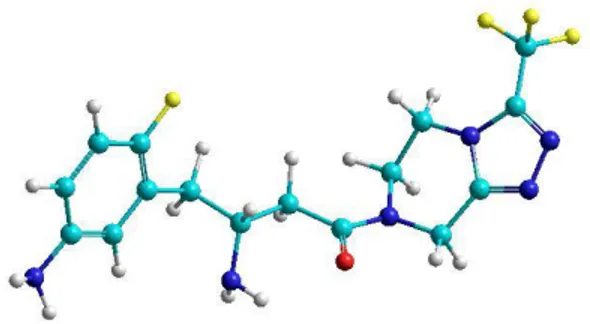 Gambar  3a.  Senyawa  prediksi  terbaik:  (2R)-4-Okso-4-[3-(Trifluorometil)-5,6- (2R)-4-Okso-4-[3-(Trifluorometil)-5,6- dihidro[1,2,4]triazolo[4,3-a]pirazin-7(8H)-il]-1-(5-amino-2-fluorofenil)butan-2-amina dalam model3D balls and cylinders 