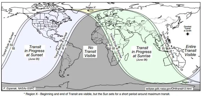Gambar 2. Visibilitas Transit 5-6 Juni 2012 di dunia. Gambar dari http://eclipse.gsfc.nasa.gov/OH/tran/TOV2012-Fig01.pdf 