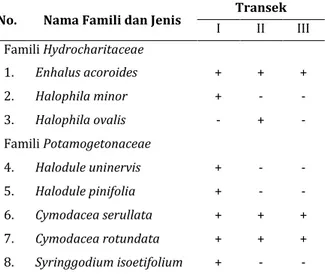 Tabel 2. Sebaran Jenis Lamun di Perairan Manggari 