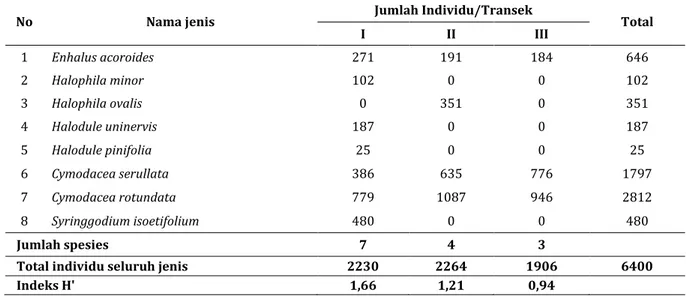 Tabel 3. Jumlah jenis, jumlah individu dan keanekaragaman lamun pada tiap transek 