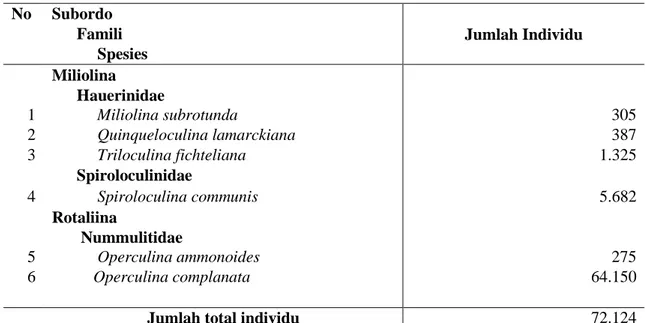 Tabel  1.  Spesies  dan  jumlah  individu  foraminfera  bentik  yang  didapatkan  pada  lokasi  penelitian di Perairan Teluk Bayur, Padang, Sumatra Barat