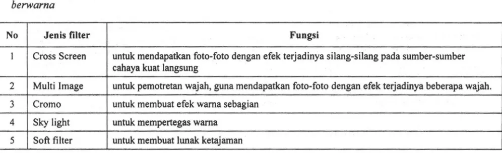 Tabel 5: Filter untuk mendapatkan efek khusus da/am pemotretan dengan film hitam putih maupun 