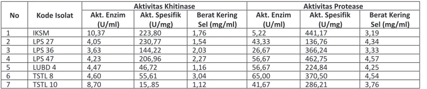 Tabel 2. Aktivitas khitinase dan protease isolat Aktinomisetes terpilih