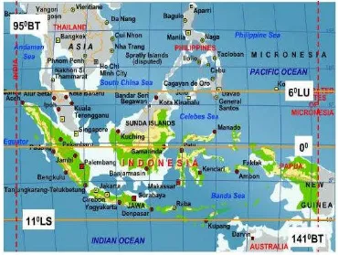 Gambar 3.1 : Peta Letak Astronomis Indonesia  (sumber: scanigaspenasa.blogspot.com) 