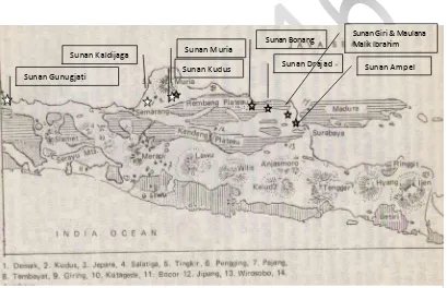 Gambar 2.4. Persebaran pusat peradaban Islam yang terletak di pesisir utara pulau Jawa                       (