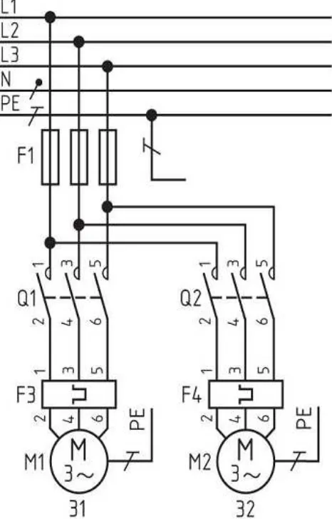 Gambar 34. Rangkaian utama atau daya pengendalian 2 buah motor induksi 3 fasa bergantian