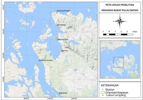 Gambar 1. Peta perairan barat Pulau Batam yang menunjukkan lokasi penelitian (bulatan  warna kuning tua) 