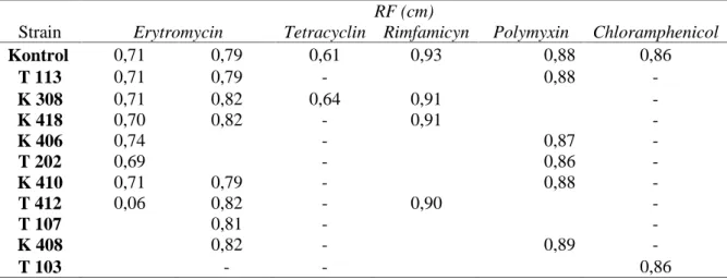 Tabel 4. Data RF  Isolat Yang Mampu Menghasilkan Antibiotik Strain