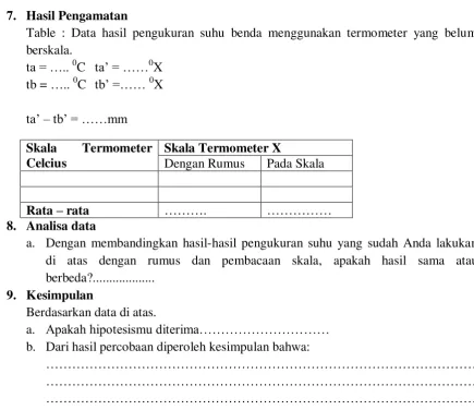 Table : Data hasil pengukuran suhu benda menggunakan termometer yang belum 