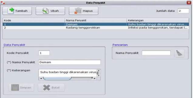 Gambar 14. Tata letak layar form data penyakit 