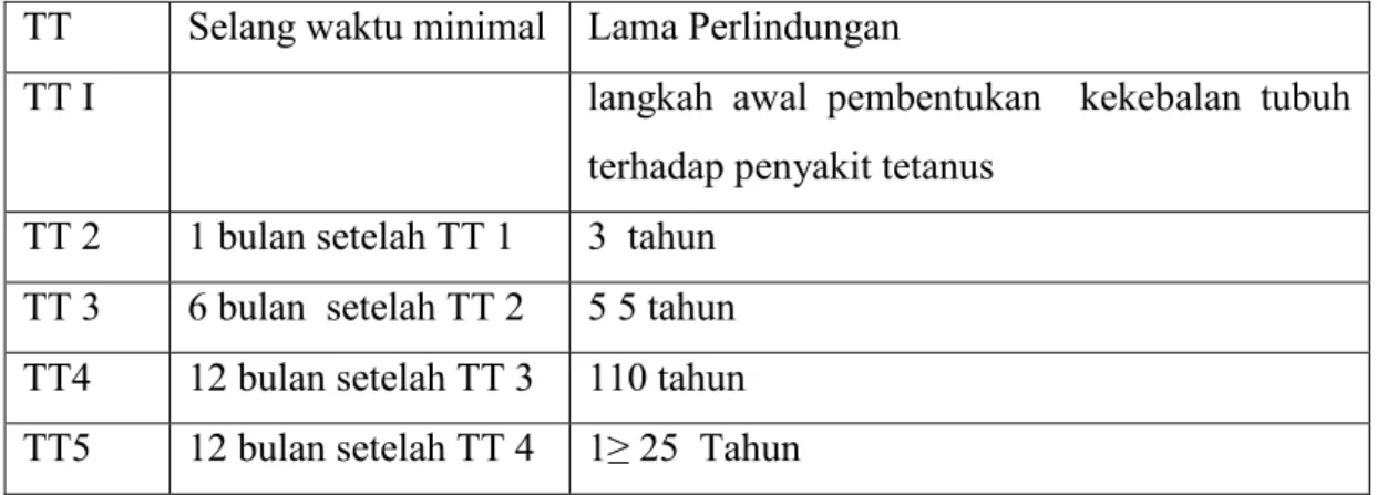 Tabel 2.1   Jadwal Pemberian Imunisasi TT  TT  Selang waktu minimal  Lama Perlindungan 