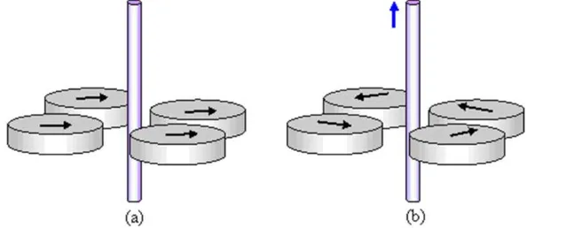 Gambar 4.1 Pengaruh arus listrik pada jarum kompas : (a) jarum kompas di sekitar kawat tanpa arus, (b) jarum-jarum kompas di sekitar kawat berarus  