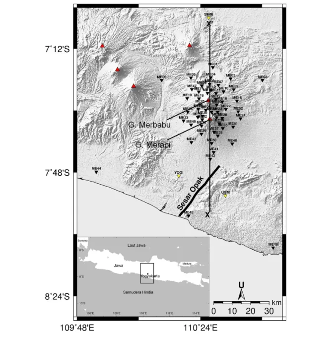 Gambar 1. Peta lokasi penelitian dan distribusi seismometer jaringan seismik  DOMERAPI 