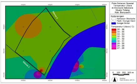 Gambar 7.  Peta sebaran spasial temperatur udara di stockpile 