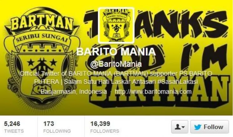 Gambar 3. Akun Twitter Barito Mania (16,399 Pengikut) Figure 3. Twitter Account of Barito Mania (16,399 followers)