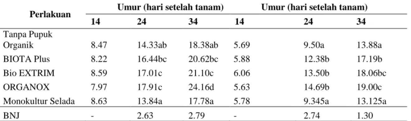 Tabel  5.  Hasil  uji  lanjut  pada  setiap  rata-rata  tinggi  tanaman  dan  jumlah  daun  tanaman  selada  yang  menunjukkan beda nyata pada analisis keragaman 