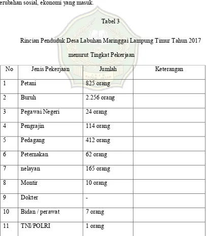 Tabel 3 Rincian Penduduk Desa Labuhan Maringgai Lampung Timur Tahun 2017 