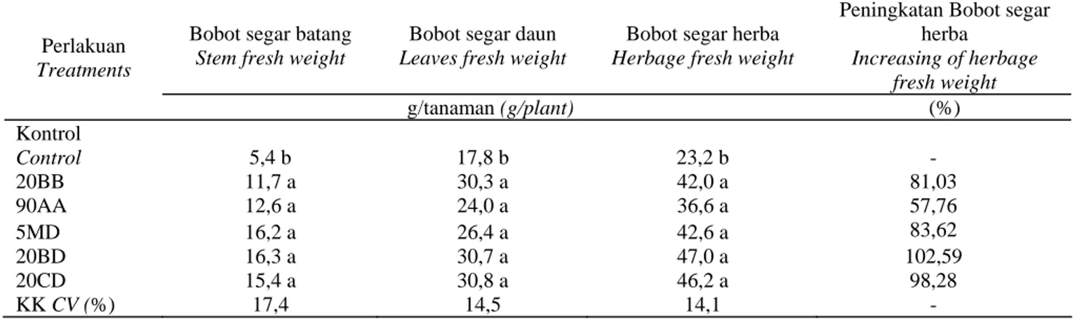 Tabel 4.  Pengaruh bakteri endofit terhadap peningkatan produksi bahan segar tanaman sambiloto umur 14 MST 