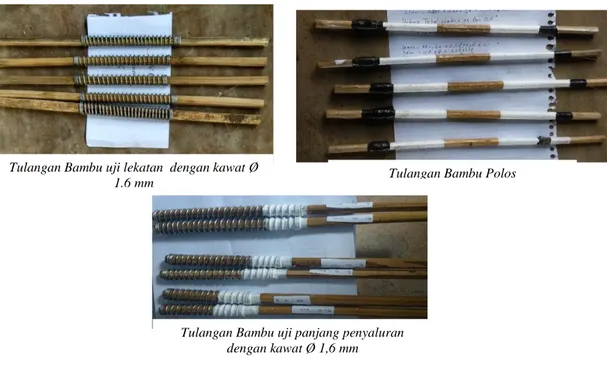 Gambar 4.8Perlakuan Tulangan Bambu dengan Lilitah kawat Ø 1,6 mm Tulangan Bambu uji lekatan  dengan kawat Ø 