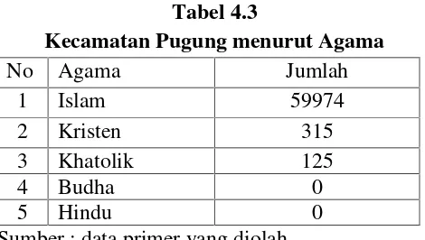 Tabel 4.3Kecamatan Pugung menurut Agama