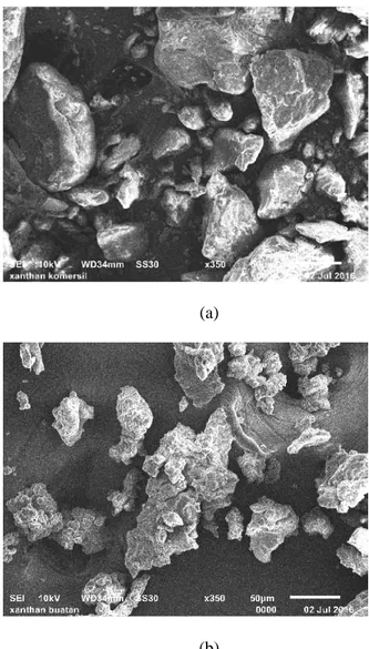 Gambar 5 menunjukkan citra SEM gum  xanthan komersial dan tepung ampas tahu.  Berdasarkan hasil analisa menggunakan SEM,  struktur gum xanthan baik komersial maupun  buatan berbentuk poligonal