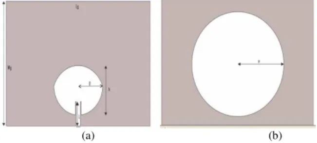Gambar 2. Bentuk Geometri Antena Mikrostrip rugby ball  dengan slot  lingkaran (sebelum Optimasi) 